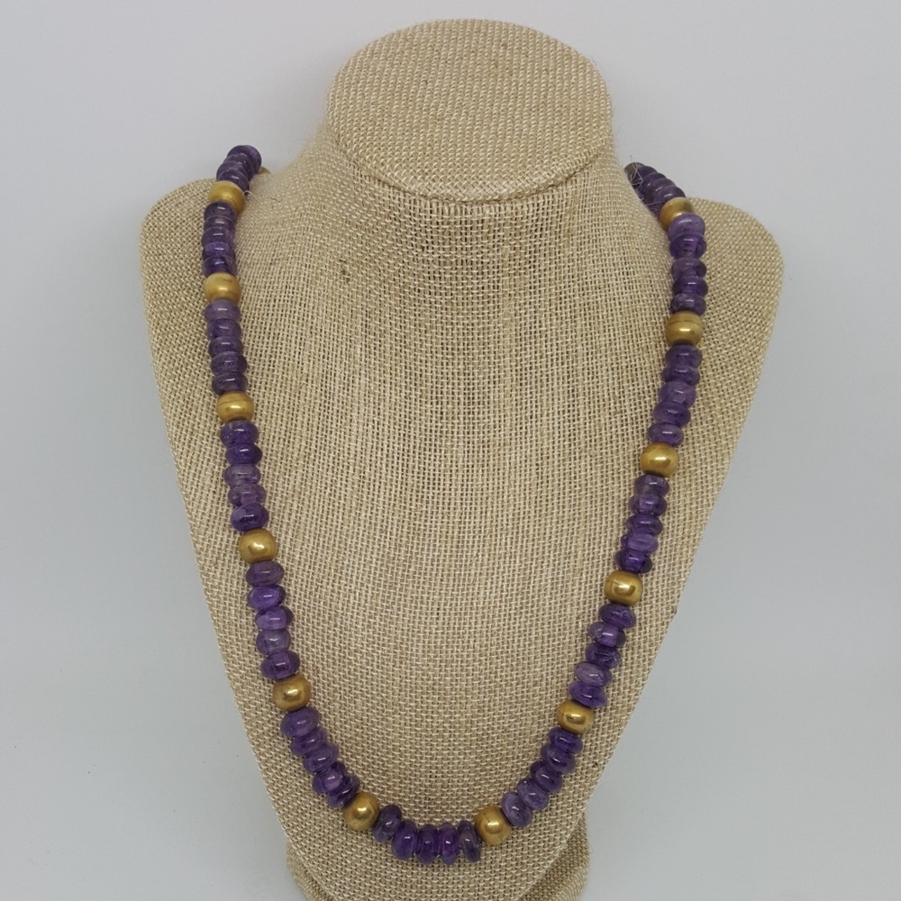 Natural Amethyst Stone Purple Bead Brass Necklace